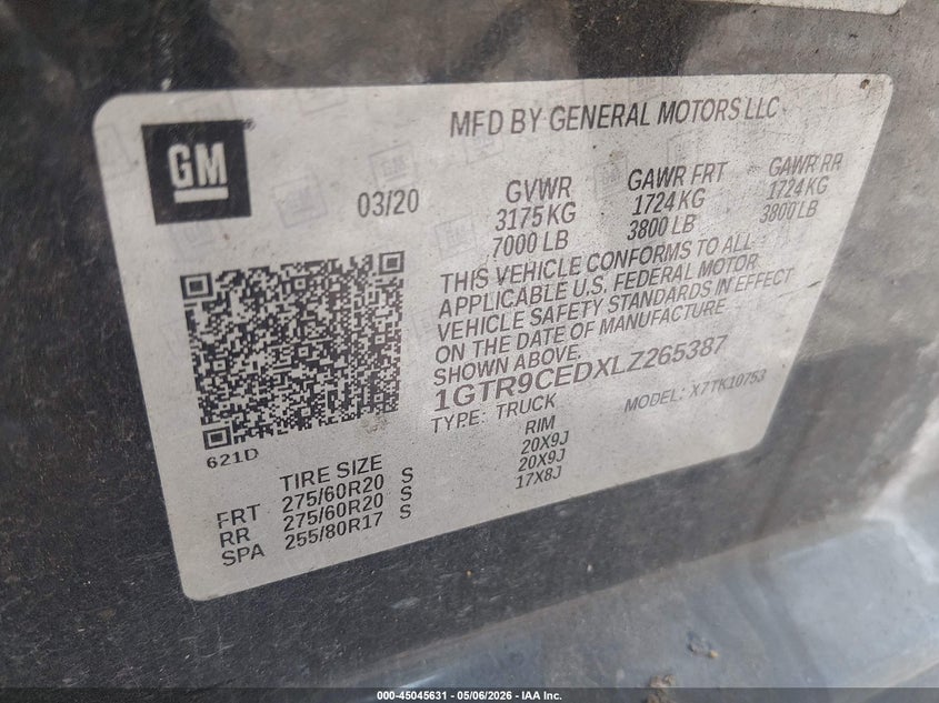 2020 Gmc Sierra 1500 VIN 1GTR9CEDXLZ265387 IAAI salvage auction — REAR END, Repossession Paperwork (South Carolina), sold $11,600 on 2026-07-14 (photo 9)