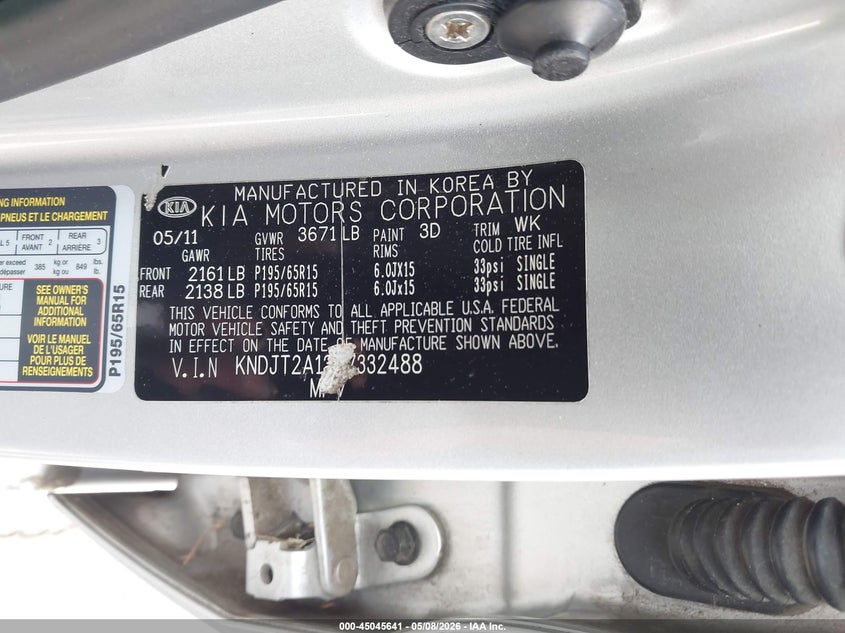 2011 Kia Soul VIN KNDJT2A13B7332488 IAAI salvage auction — THEFT, Salvage (Georgia), sold $325 on 2026-07-10 (photo 9)