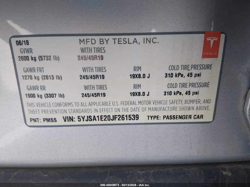 2018 Tesla Model s VIN 5YJSA1E20JF261539 IAAI salvage auction — SIDE, Salvage (Idaho), sold $7,100 on 2026-07-29 (photo 9)
