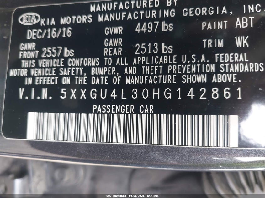2017 Kia Optima VIN 5XXGU4L30HG142861 IAAI salvage auction — FRONT & REAR, Salvage - Greater Than 75% (Maryland), sold $1,350 on 2026-07-28 (photo 9)