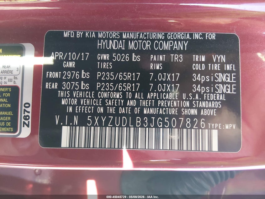 2018 Hyundai Santa fe VIN 5XYZUDLB3JG507826 IAAI salvage auction — FRONT END, Salvage (West Virginia), sold $1,950 on 2026-07-22 (photo 9)
