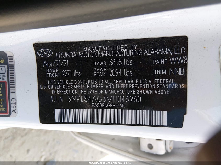 2021 Hyundai Elantra VIN 5NPLS4AG3MH046960 IAAI salvage auction — FRONT END, Salvage (Georgia), sold $2,200 on 2026-07-10 (photo 8)