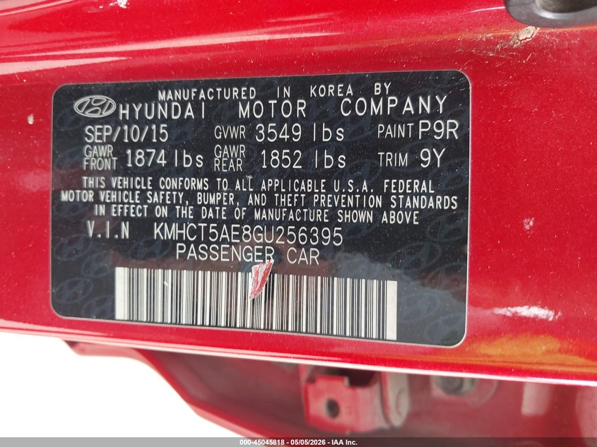 2016 Hyundai Accent VIN KMHCT5AE8GU256395 IAAI salvage auction — REAR END, Original (Texas), sold $825 on 2026-07-07 (photo 9)