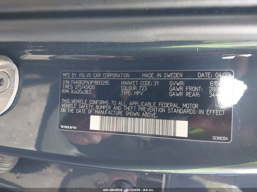 2023 Volvo Xc90 VIN YV4062PN3P1993295 IAAI salvage auction — RIGHT FRONT, Salvage (Florida), sold $5,400 on 2026-07-30 (photo 9)