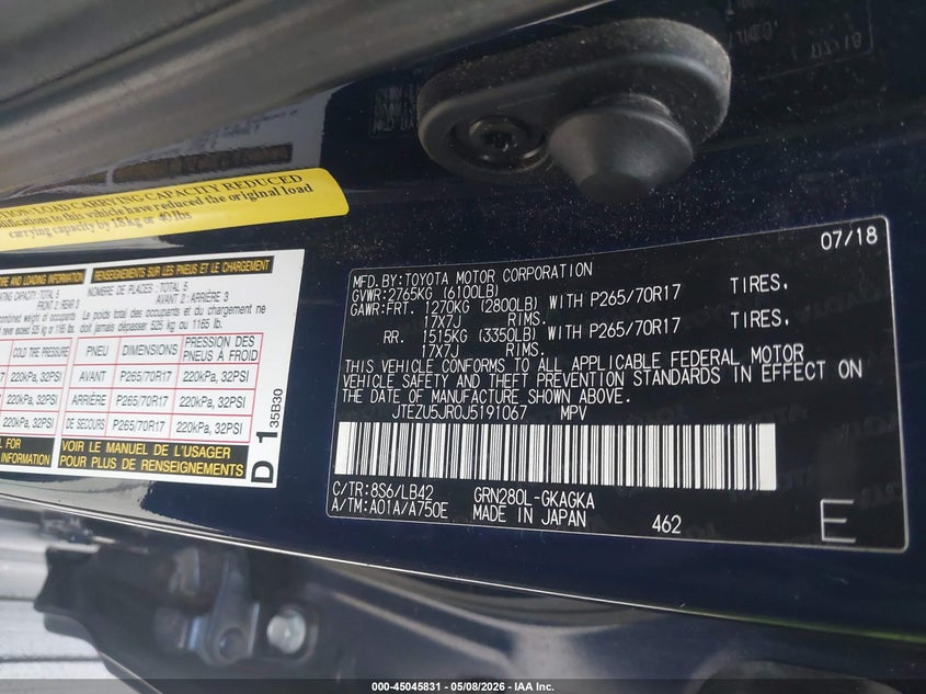 2018 Toyota 4runner VIN JTEZU5JR0J5191067 IAAI salvage auction — FRONT END, Original (Texas), sold $10,400 on 2026-07-31 (photo 9)