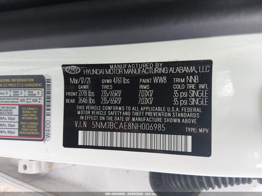 2022 Hyundai Tucson VIN 5NMJBCAE8NH006985 IAAI salvage auction — UNDERCARRIAGE, Salvage (New Jersey), sold $5,100 on 2026-07-25 (photo 9)