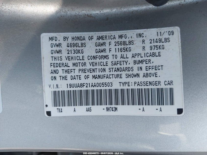 2010 Acura Tl VIN 19UUA8F21AA005503 IAAI salvage auction — RIGHT FRONT, Salvage (Texas), sold $850 on 2026-08-02 (photo 9)