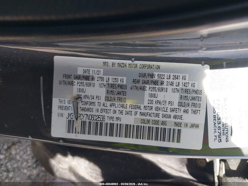 2022 Mazda Cx-9 VIN JM3TCBCY7N0602538 IAAI salvage auction — ALL OVER, Rebuildable (Florida), sold $25 on 2026-07-29 (photo 9)