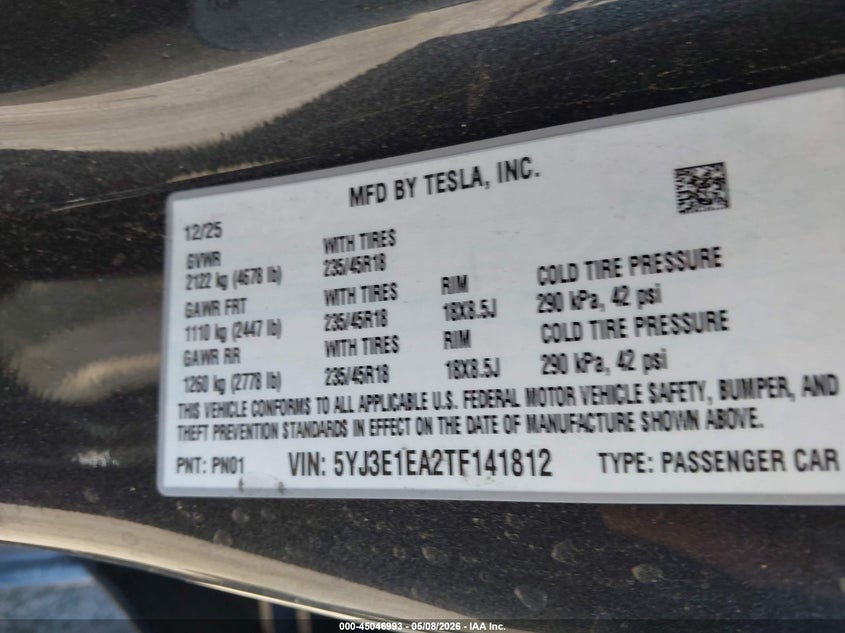 2026 Tesla Model 3 VIN 5YJ3E1EA2TF141812 IAAI salvage auction — FRONT END, Salvage - Greater Than 75% (Maryland), sold $3,150 on 2026-07-31 (photo 9)