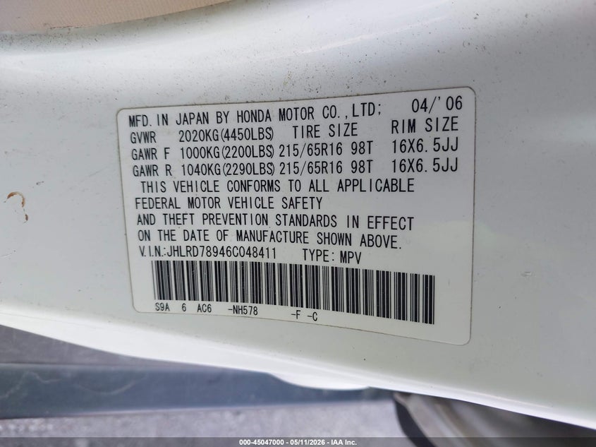 2006 Honda Cr-v VIN JHLRD78946C048411 IAAI salvage auction — FRONT END, Certificate Of Title (Nebraska), sold $675 on 2026-07-30 (photo 9)