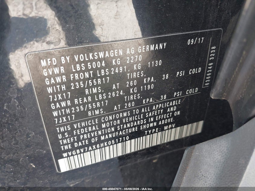 2017 Volkswagen Tiguan VIN WVGBV7AX6HK051710 IAAI salvage auction — HAIL, Junk Bill Of Sale Mv2459 (Wisconsin), sold $1,125 on 2026-07-22 (photo 9)