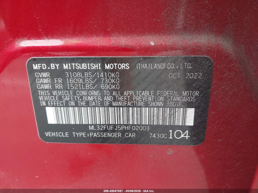 2023 Mitsubishi Mirage VIN ML32FUFJ5PHF02003 IAAI salvage auction — FRONT END, Salvage (Idaho), sold $425 on 2026-07-22 (photo 9)