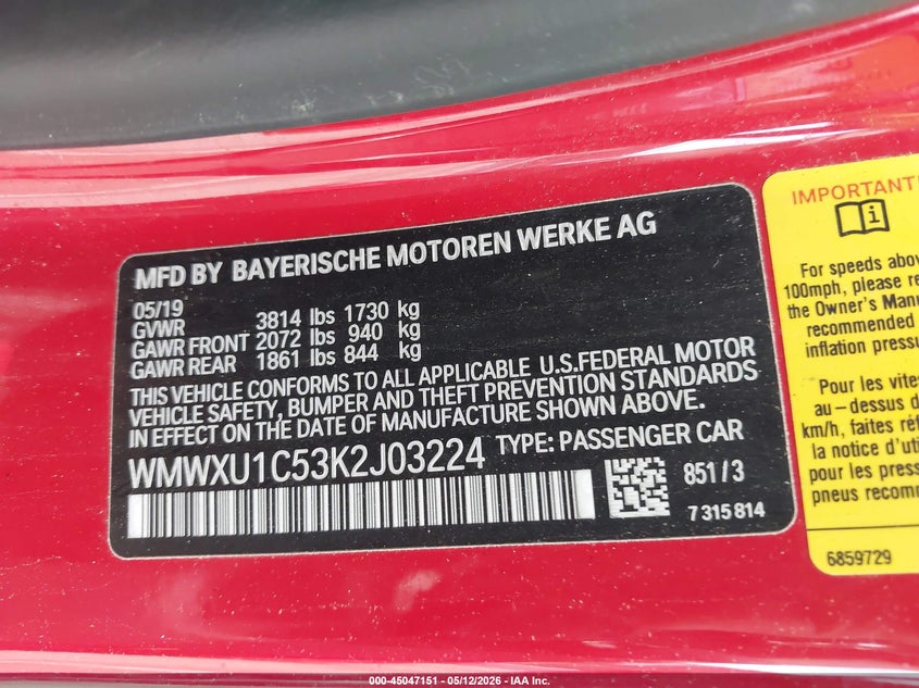 2019 Mini Hard top VIN WMWXU1C53K2J03224 IAAI salvage auction — FRONT END, Salvage (North Carolina), sold $1,100 on 2026-07-16 (photo 9)
