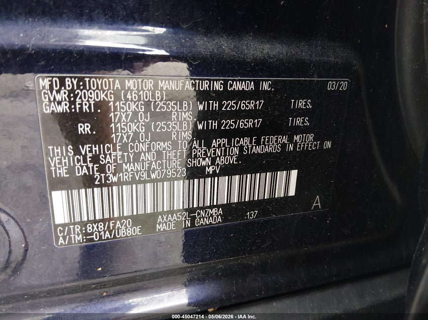 2020 Toyota VIN 2T3W1RFV9LW079523 IAAI salvage auction — RIGHT SIDE, Salvage (Louisiana), sold $5,200 on 2026-07-30 (photo 9)