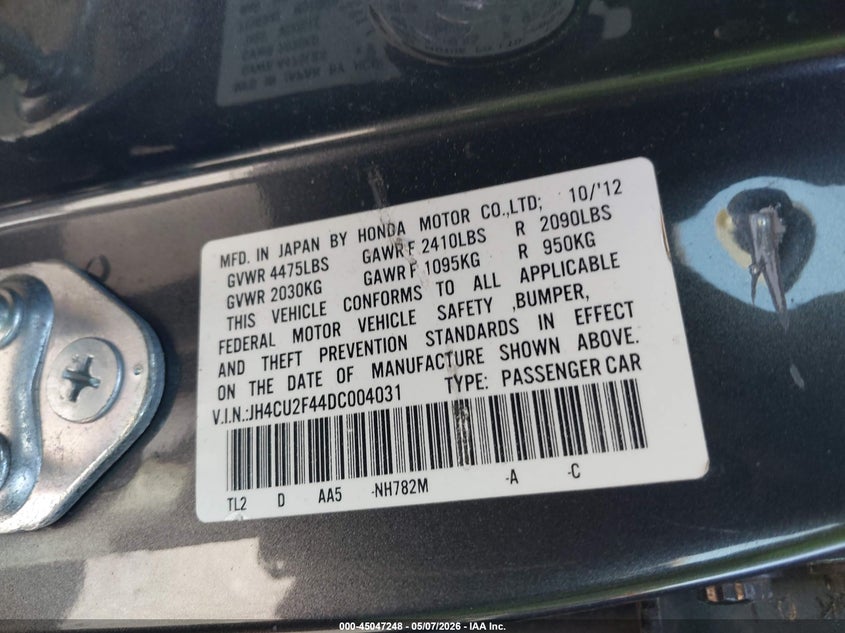2013 Acura Tsx VIN JH4CU2F44DC004031 IAAI salvage auction — FRONT END, Salvage (Massachusetts), sold $425 on 2026-07-31 (photo 9)