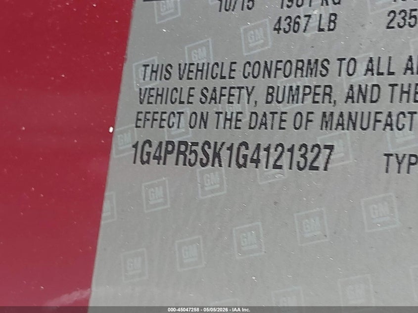 2016 Buick Verano VIN 1G4PR5SK1G4121327 IAAI salvage auction — NORMAL WEAR, Original (Texas), sold $900 on 2026-07-10 (photo 9)