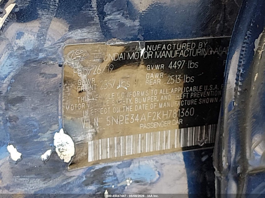 2019 Hyundai Sonata VIN 5NPE34AF2KH781360 IAAI salvage auction — SIDE, Salvage (Oklahoma), sold $550 on 2026-08-03 (photo 9)