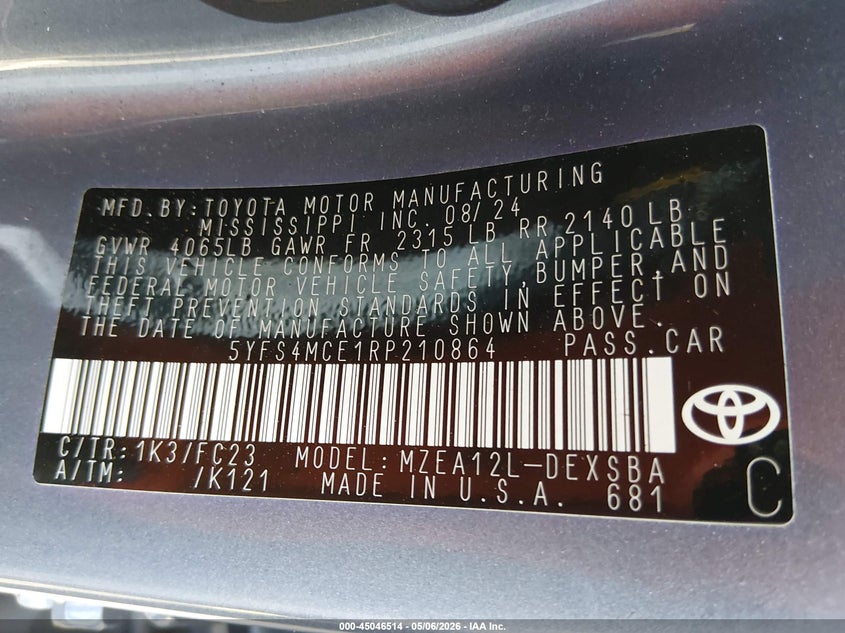 2024 Toyota Corolla VIN 5YFS4MCE1RP210864 IAAI salvage auction — ALL OVER, Certificate Of Destruction (Florida), sold $1,425 on 2026-07-23 (photo 9)
