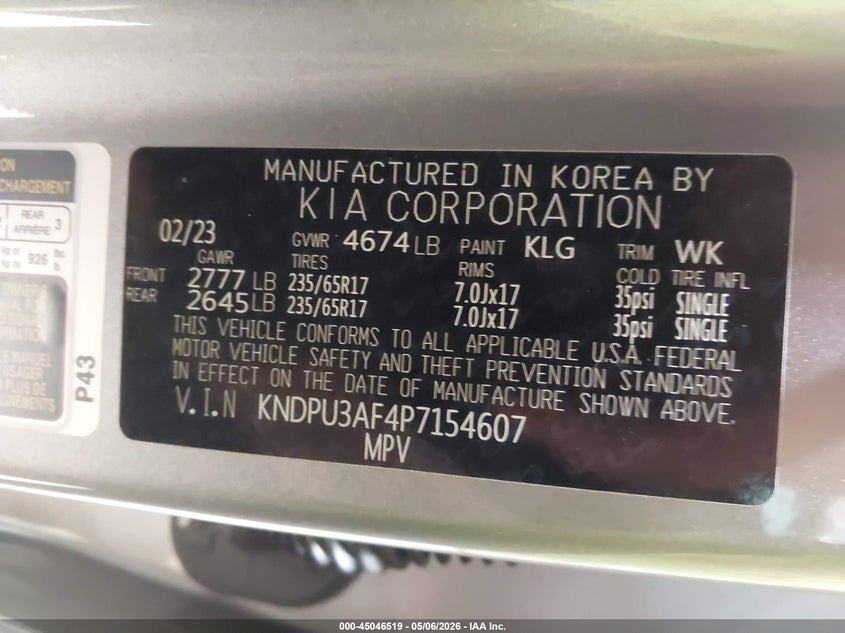 2023 Kia Sportage VIN KNDPU3AF4P7154607 IAAI salvage auction — RIGHT FRONT, Salvage (North Carolina), sold $6,050 on 2026-07-09 (photo 9)