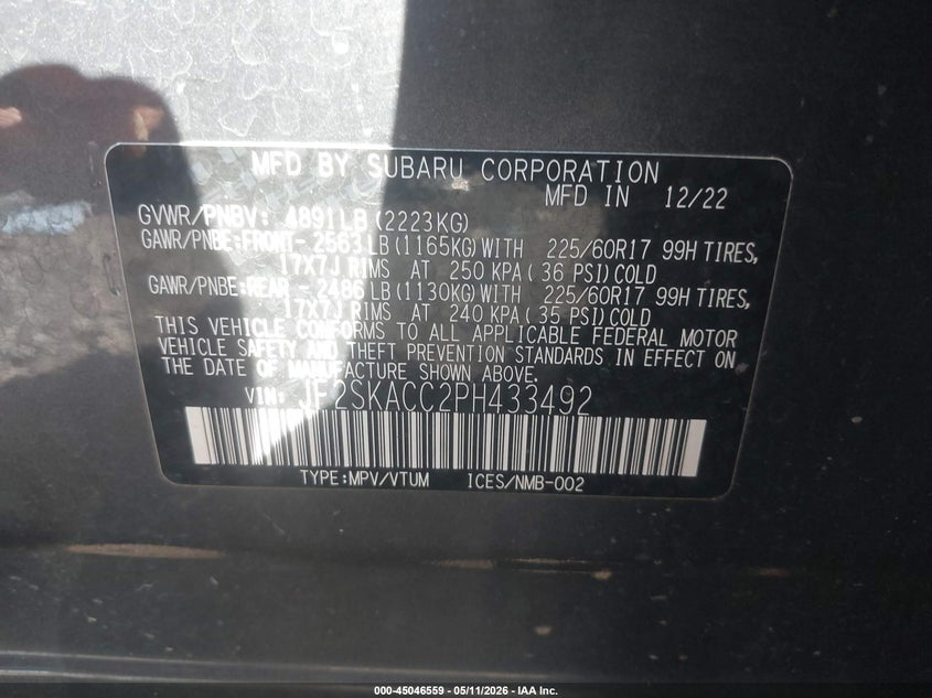 2023 Subaru Forester VIN JF2SKACC2PH433492 IAAI salvage auction — RIGHT REAR, Mv-907A (New York), sold $5,325 on 2026-07-07 (photo 9)