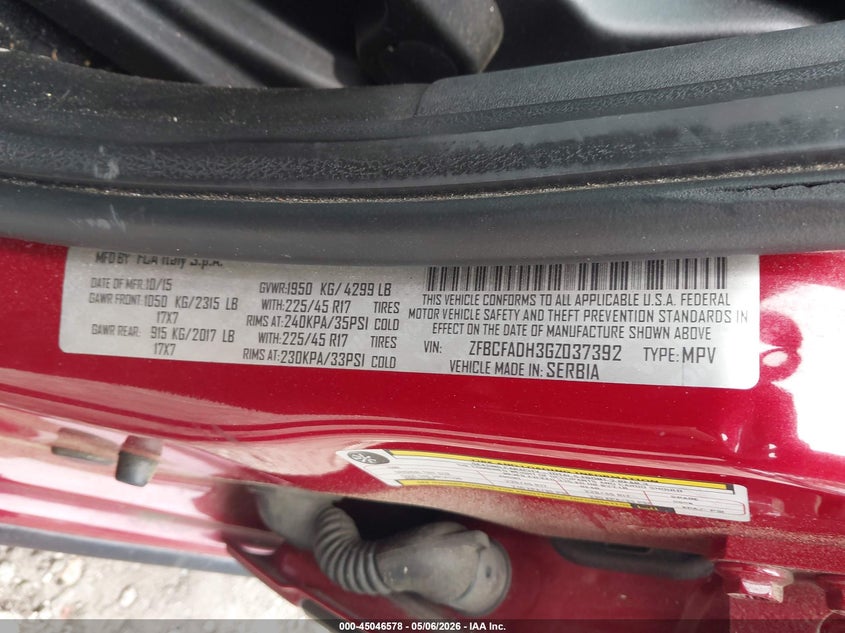 2016 Fiat 500l VIN ZFBCFADH3GZ037392 IAAI salvage auction — REAR END, Salvage (Georgia), sold $350 on 2026-07-24 (photo 9)