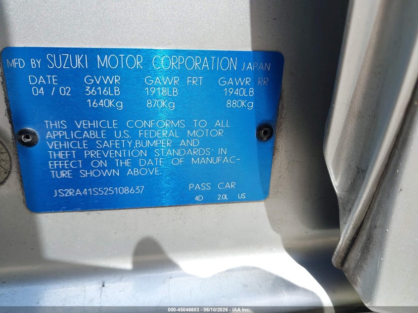 2002 Suzuki Aerio VIN JS2RA41S525108637 IAAI salvage auction — REAR END, Rebuildable (Florida), sold $225 on 2026-07-20 (photo 9)