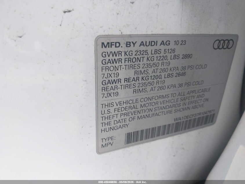 2024 Audi Q3 VIN WA1DECF37R1047971 IAAI salvage auction — RIGHT FRONT, Original (Texas), sold $8,825 on 2026-07-29 (photo 9)