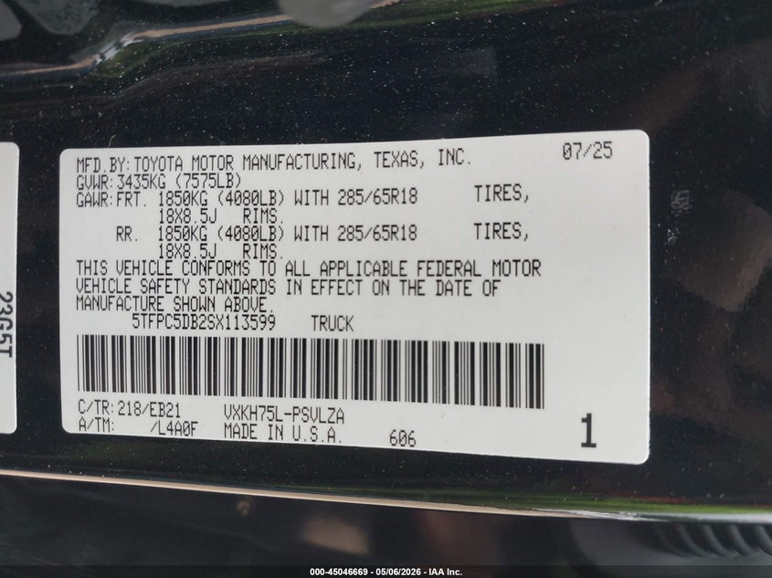 2025 Toyota Tundra VIN 5TFPC5DB2SX113599 IAAI salvage auction — FRONT END, Original (Texas), sold $27,500 on 2026-07-23 (photo 9)