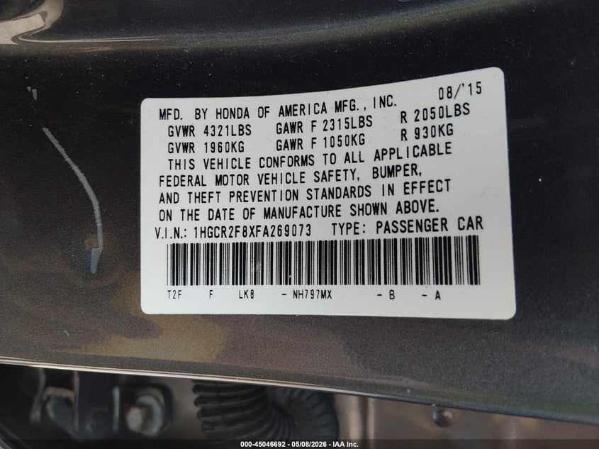 2015 Honda Accord VIN 1HGCR2F8XFA269073 IAAI salvage auction — RIGHT SIDE, Salvage - 75% Or Less (Maryland), sold $3,050 on 2026-07-12 (photo 9)