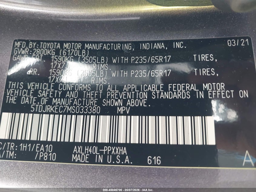 2021 Toyota Sienna VIN 5TDJRKEC7MS033380 IAAI salvage auction — FRONT END, Salvage (Arkansas), sold $13,550 on 2026-07-20 (photo 9)