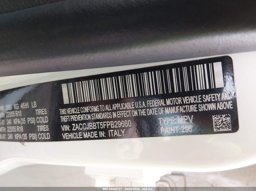 2015 Jeep Renegade VIN ZACCJBBT5FPB29660 IAAI salvage auction — FRONT END, Salvage Title, sold $1,300 on 2026-08-15 (photo 9)