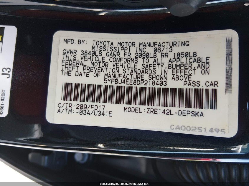 2013 Toyota Corolla VIN 5YFBU4EE8DP218403 IAAI salvage auction — RIGHT FRONT, Rebuildable (Florida), sold $3,000 on 2026-07-16 (photo 9)