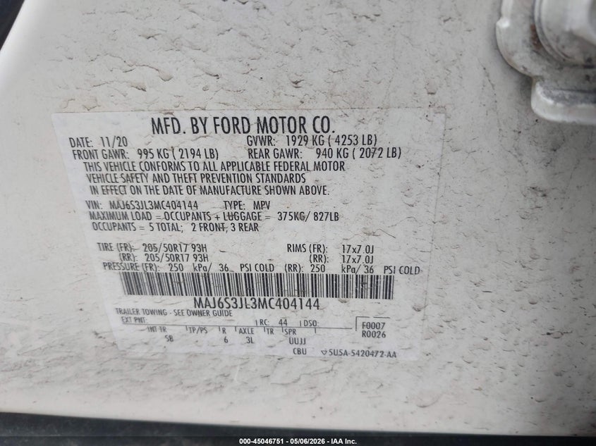 2021 Ford Ecosport VIN MAJ6S3JL3MC404144 IAAI salvage auction — ALL OVER, Salvage (Idaho), sold $1,000 on 2026-07-17 (photo 9)