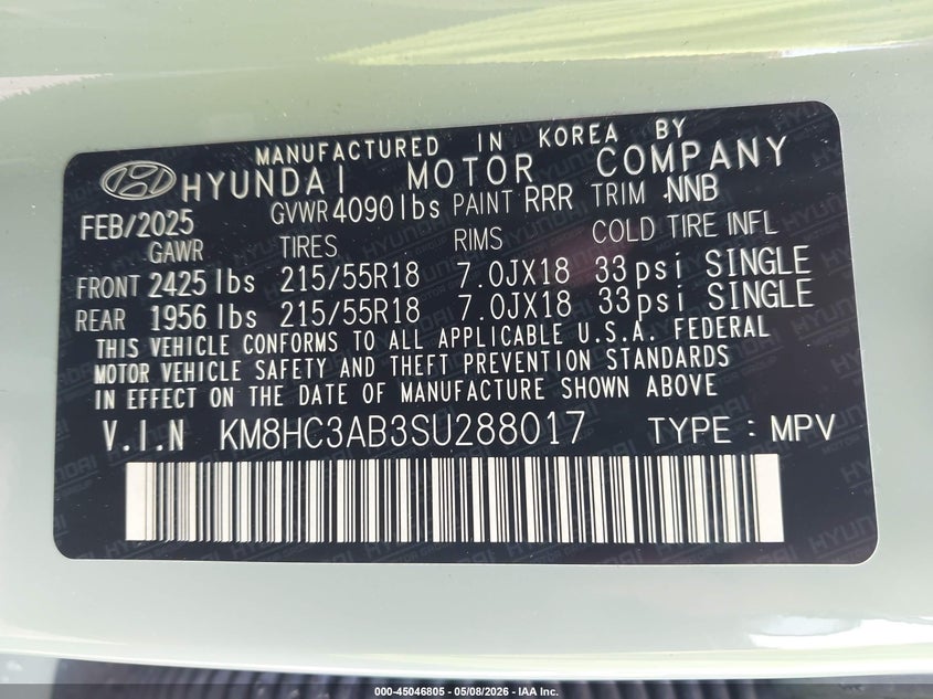 2025 Hyundai Kona VIN KM8HC3AB3SU288017 IAAI salvage auction — RIGHT SIDE, Salvage (Georgia), sold $6,800 on 2026-07-24 (photo 9)