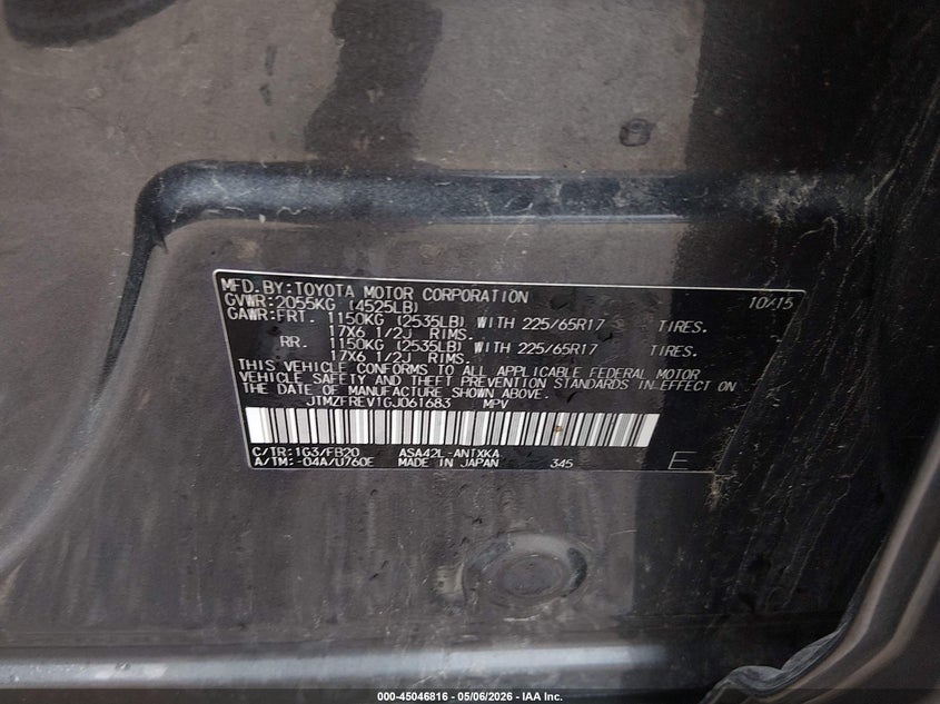 2016 Toyota Rav 4 VIN JTMZFREV1GJ061683 IAAI salvage auction — FRONT END, Clear (Indiana), sold $3,700 on 2026-07-15 (photo 9)
