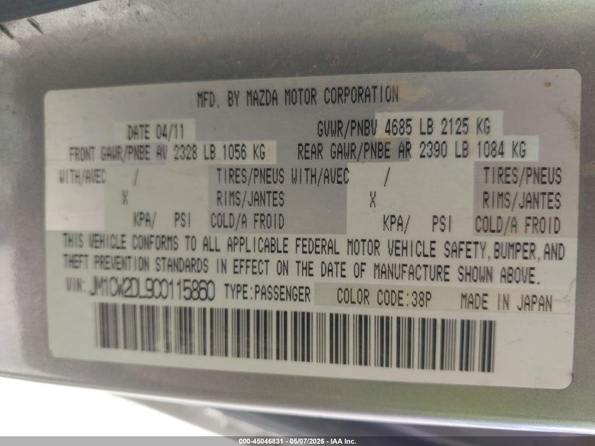 2012 Mazda 5 VIN JM1CW2DL9C0115860 IAAI salvage auction — FRONT END, Salvage (Pennsylvania), sold $250 on 2026-07-08 (photo 9)