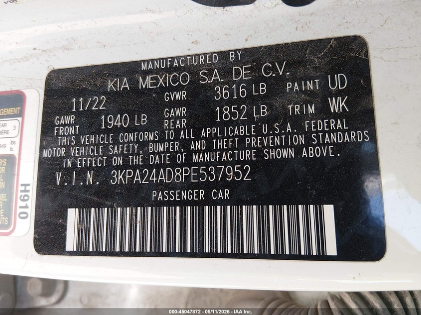 2023 Kia Rio VIN 3KPA24AD8PE537952 IAAI salvage auction — FRONT END, Salvage (Kansas), sold $825 on 2026-07-24 (photo 9)