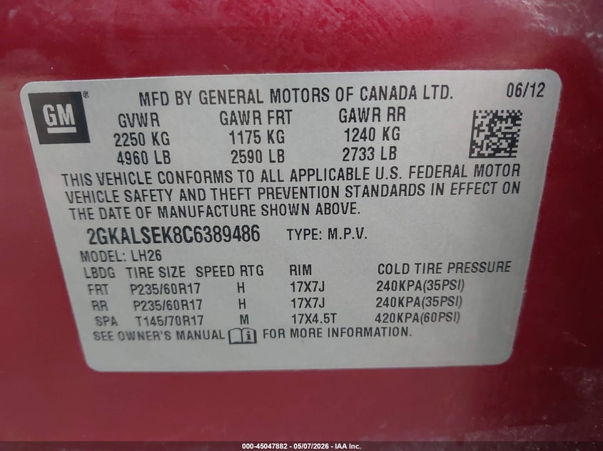 2012 Gmc Terrain VIN 2GKALSEK8C6389486 IAAI salvage auction — FRONT END, Original (Texas), sold $600 on 2026-07-09 (photo 9)