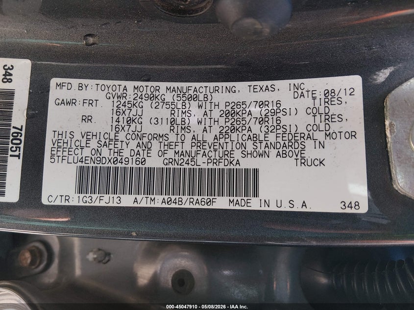 2013 Toyota Tacoma VIN 5TFLU4EN9DX049160 IAAI salvage auction — FRONT END, Salvage (West Virginia), sold $5,900 on 2026-07-16 (photo 9)