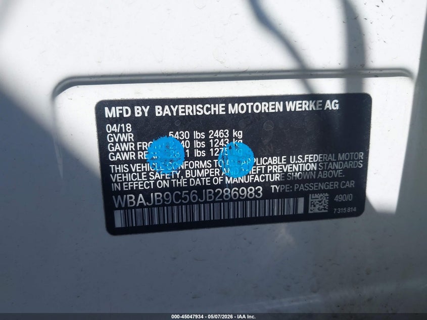 2018 BMW 5er VIN WBAJB9C56JB286983 IAAI salvage auction — FRONT END, Salvage (California), sold $12,275 on 2026-07-13 (photo 9)