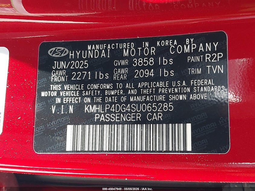 2025 Hyundai Elantra VIN KMHLP4DG4SU065285 IAAI salvage auction — REAR END, Rebuildable (Florida), sold $8,100 on 2026-07-29 (photo 9)