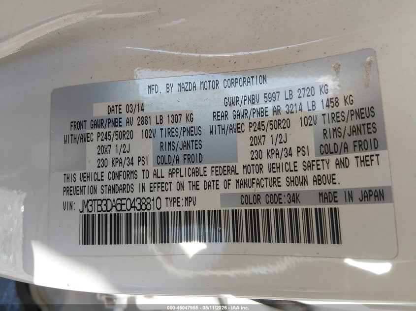 2014 Mazda Cx-9 VIN JM3TB3DA6E0438810 IAAI salvage auction — HAIL, Clear (Oklahoma), sold $4,750 on 2026-07-22 (photo 9)