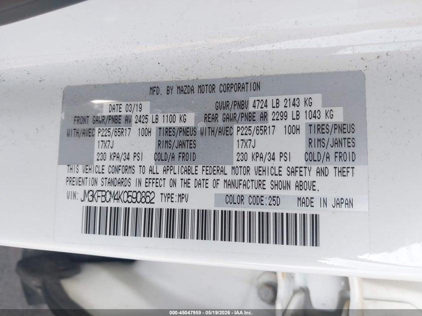 2019 Mazda Cx-5 VIN JM3KFBCM4K0590862 IAAI salvage auction — HAIL, Salvage (Ohio), sold $8,400 on 2026-07-14 (photo 9)