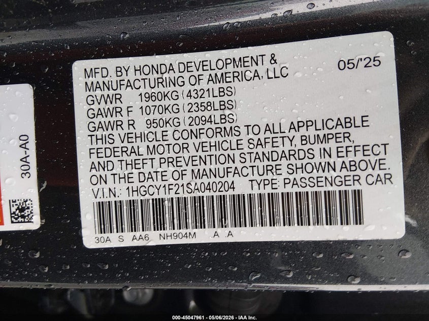 2025 Honda Accord VIN 1HGCY1F21SA040204 IAAI salvage auction — FRONT END, Salvage (Mississippi), sold $7,000 on 2026-07-29 (photo 9)