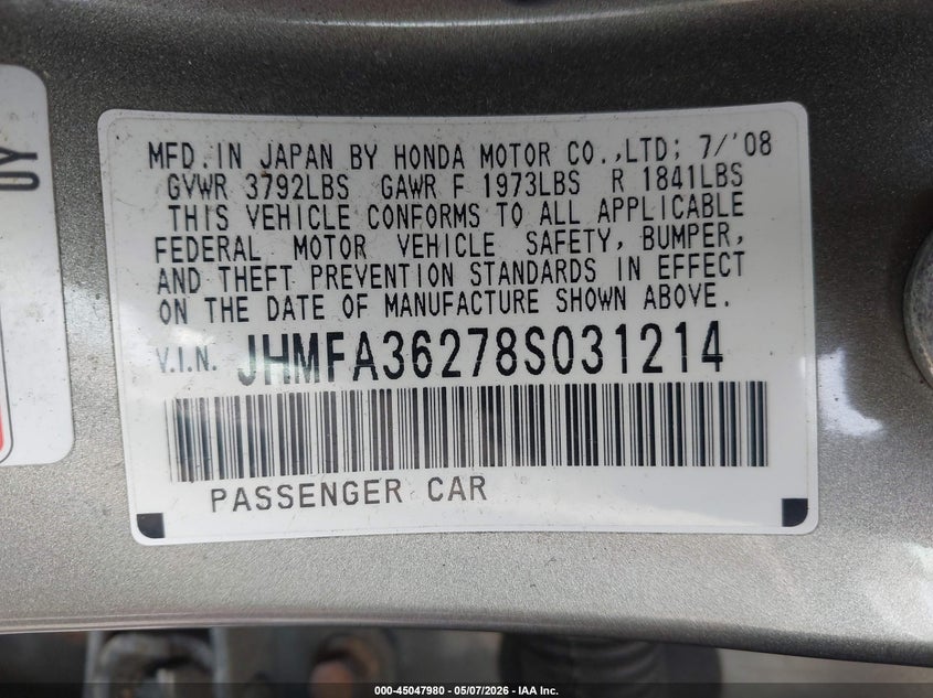 2008 Honda Civic VIN JHMFA36278S031214 IAAI salvage auction — REAR END, Salvage (Idaho), sold $375 on 2026-07-16 (photo 9)