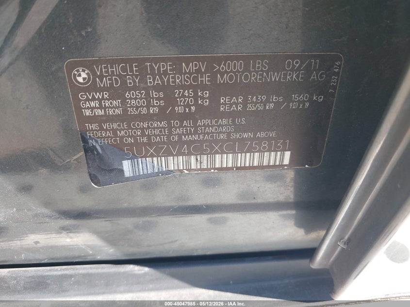 2012 BMW X5 VIN 5UXZV4C5XCL758131 IAAI salvage auction — HAIL, Original (Texas), sold $1,275 on 2026-07-29 (photo 9)