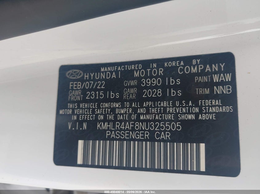 2022 Hyundai Elantra VIN KMHLR4AF8NU325505 IAAI salvage auction — RIGHT SIDE, Original (Texas), sold $6,950 on 2026-07-28 (photo 9)