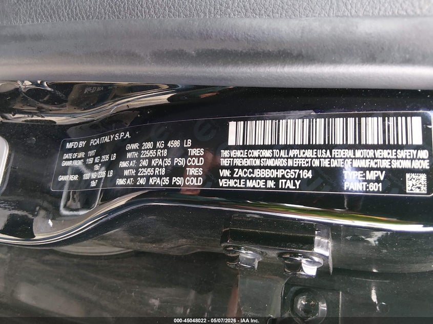 2017 Jeep Renegade VIN ZACCJBBB0HPG57164 IAAI salvage auction — FRONT END, Salvage (West Virginia), sold $575 on 2026-07-09 (photo 9)