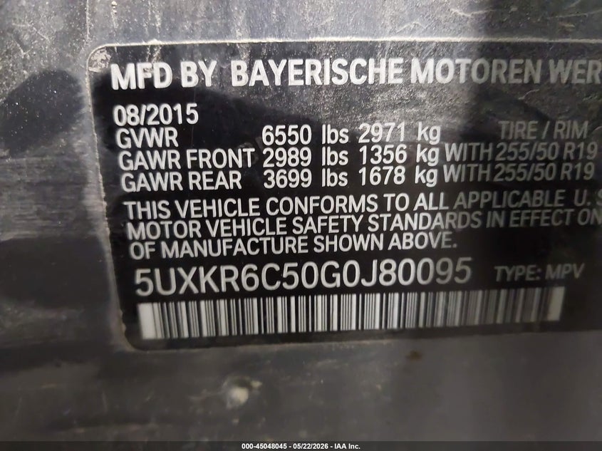 2016 BMW X5 VIN 5UXKR6C50G0J80095 IAAI salvage auction — FRONT & REAR, Salvage (Iowa), sold $3,025 on 2026-07-07 (photo 9)