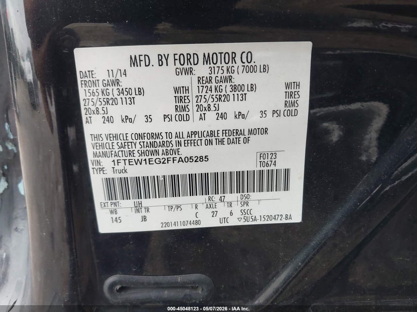 2015 Ford F-150 VIN 1FTEW1EG2FFA05285 IAAI salvage auction — REAR END, Clear (South Carolina), sold $6,600 on 2026-07-18 (photo 9)